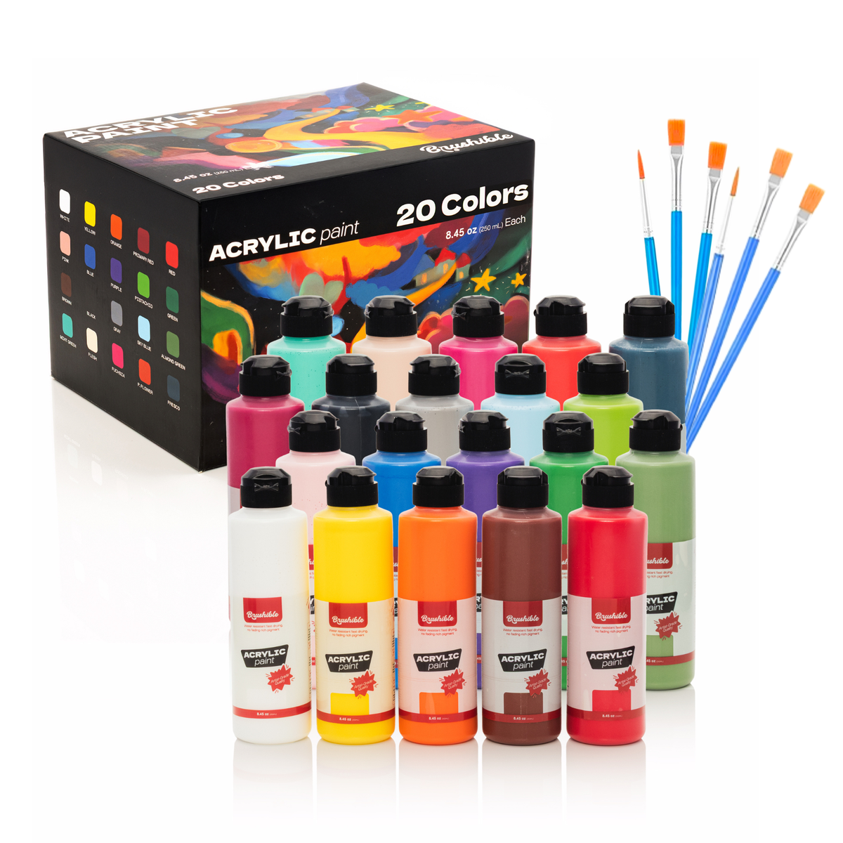 Brushible acrylic paint set, 20 colors in 8.45 oz bottles, shown with the box