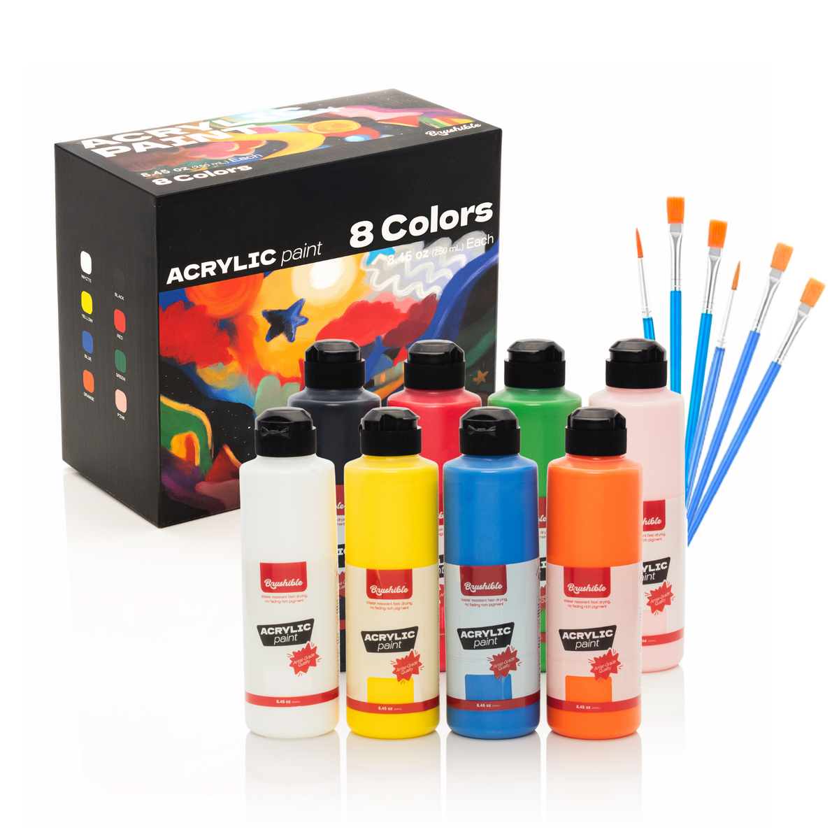 Brushible acrylic paint set, 8 colors in 8.45 oz bottles, shown with the box
