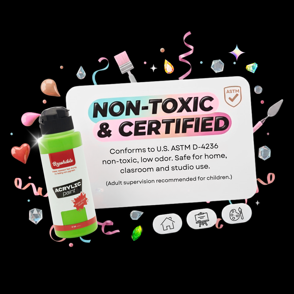 Brushible acrylic paint label card: conforms to U.S. ASTM D-4236