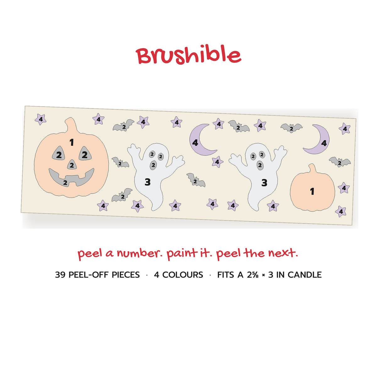 Spooky Night numbered peel-off wrap: 39 pieces, 4 colours, Brushible logo