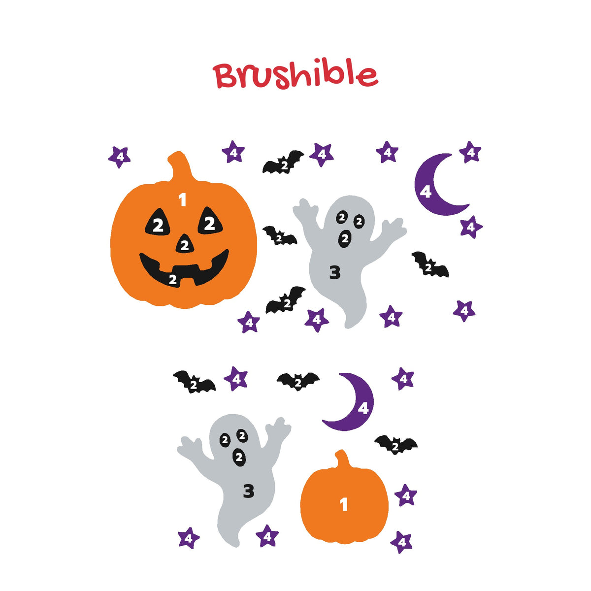 Spooky Night artwork with the paint number on every piece: pumpkins, ghosts, bats, moons and stars