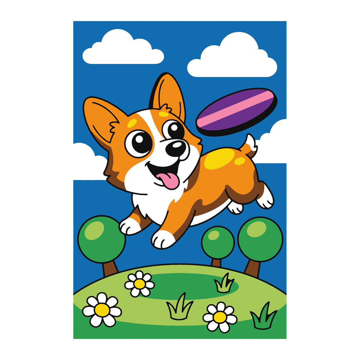 Corgi Catch paint by numbers kit, finished artwork: a corgi leaping for a purple frisbee
