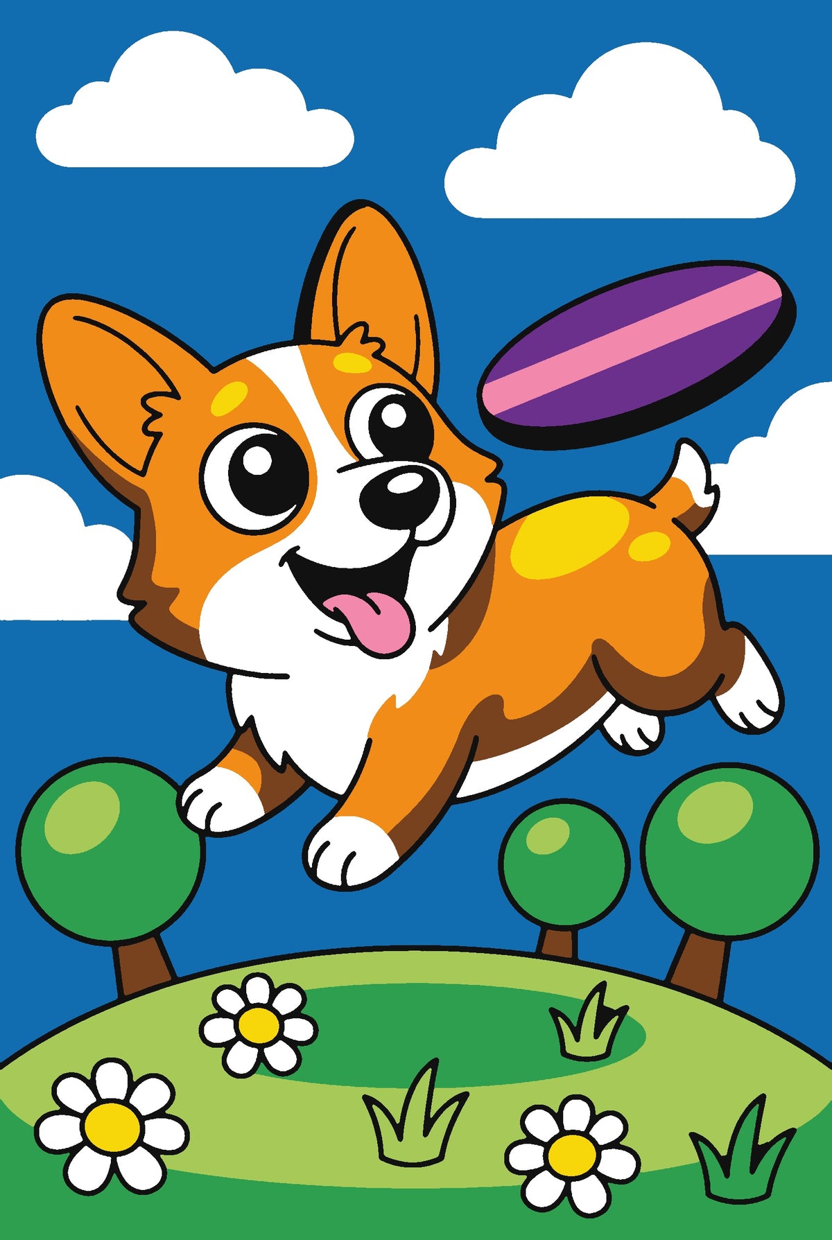 Corgi Catch paint by numbers kit, finished artwork: a corgi leaping for a purple frisbee