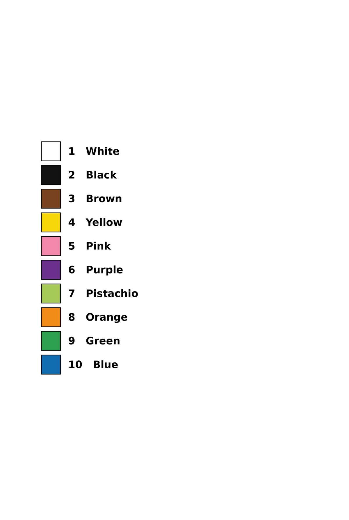 Corgi Catch colour key: 10 numbered paints from white to blue