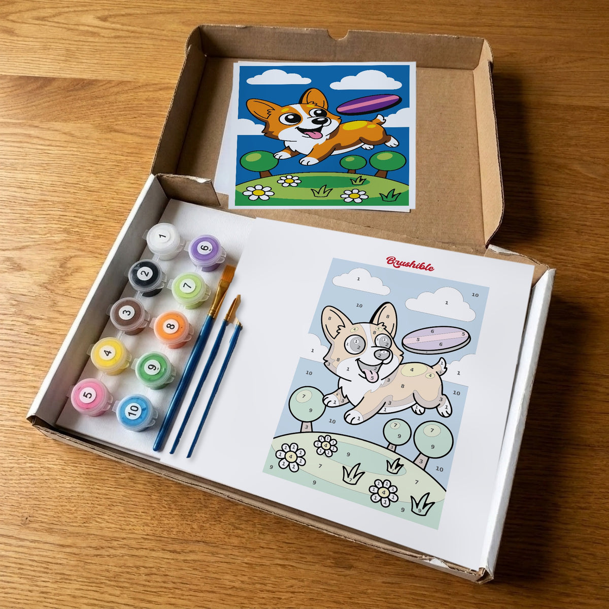 Corgi Catch paint by numbers kit open in its box: numbered paint pots, three brushes, the printed sheet and the finished picture card