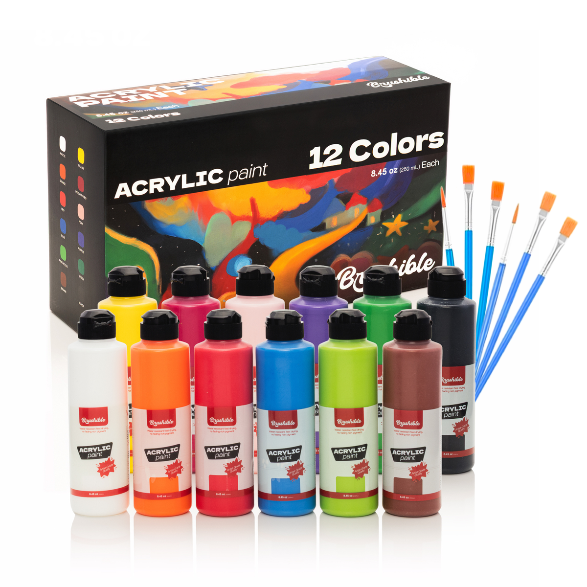 Brushible acrylic paint set, 12 colors in 8.45 oz bottles, shown with the box