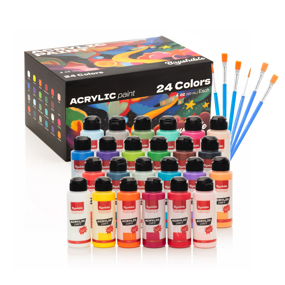Brushible acrylic paint set, 24 colors in 4 oz bottles, shown with the box