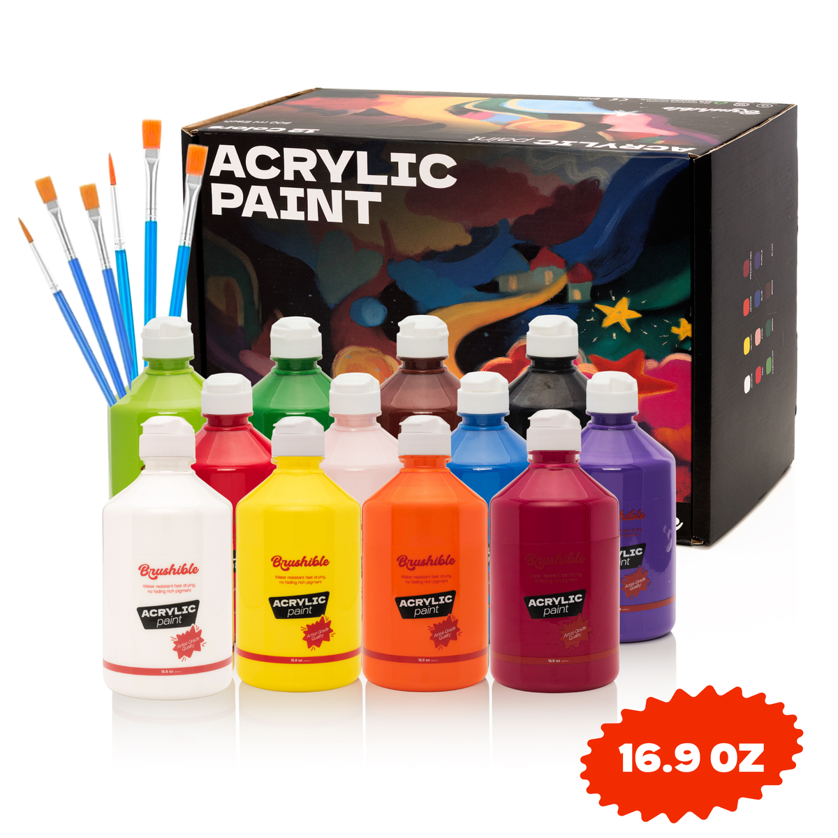 Brushible acrylic paint set, 12 colors in 16.9 oz bottles, shown with the box