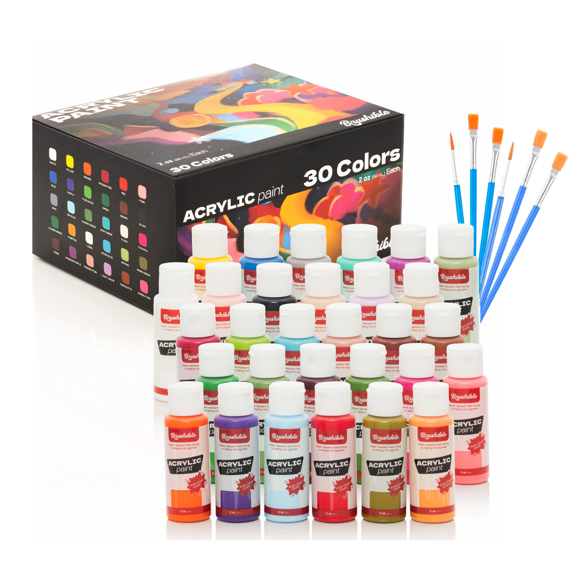 Brushible acrylic paint set, 30 colors in 2 oz bottles, shown with the box