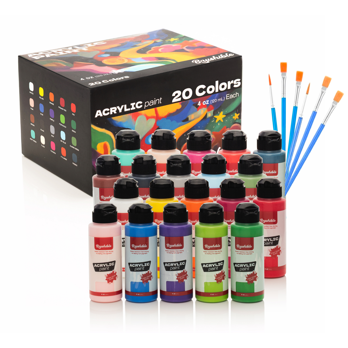 Brushible acrylic paint set, 20 colors in 4 oz bottles, shown with the box