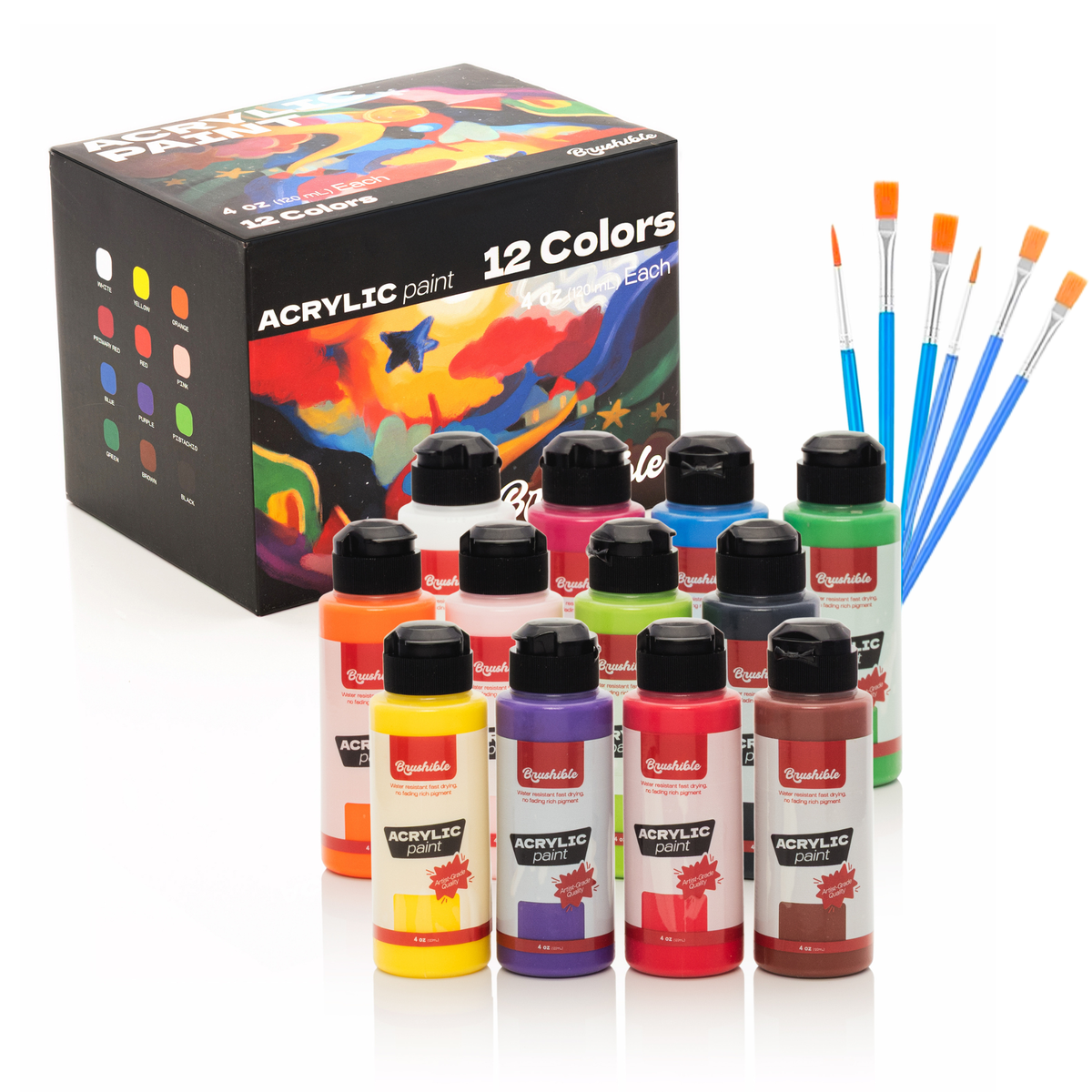 Brushible acrylic paint set, 12 colors in 4 oz bottles, shown with the box