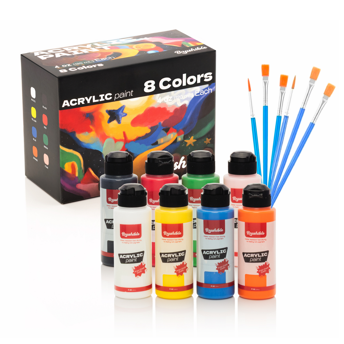 Brushible acrylic paint set, 8 colors in 4 oz bottles, shown with the box