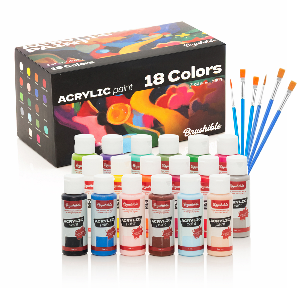 Brushible acrylic paint set, 18 colors in 2 oz bottles, shown with the box