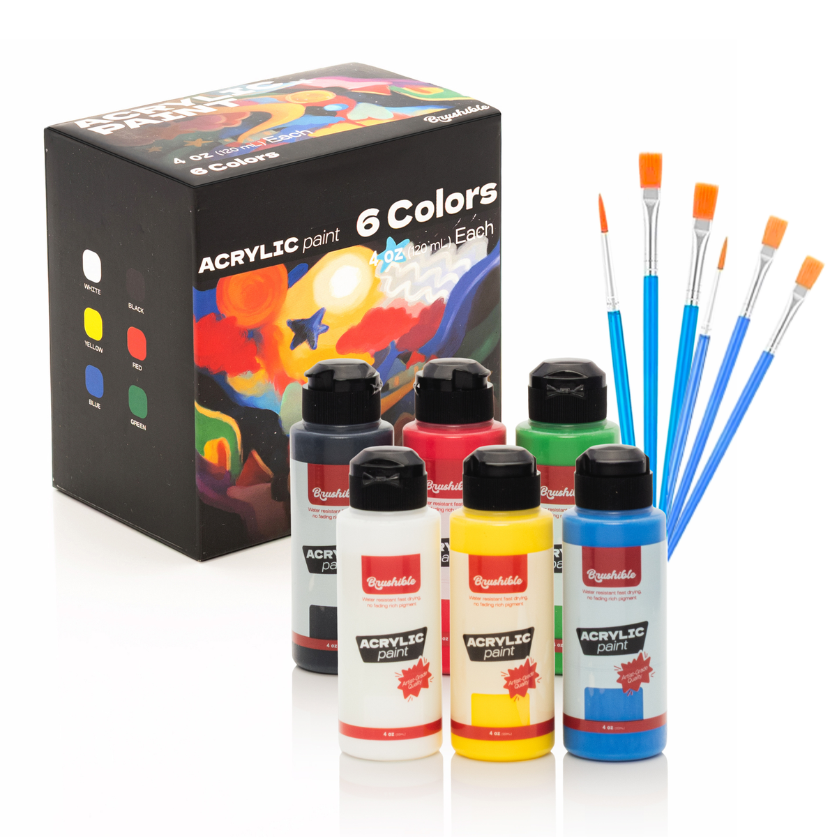 Brushible acrylic paint set, 6 colors in 4 oz bottles, shown with the box