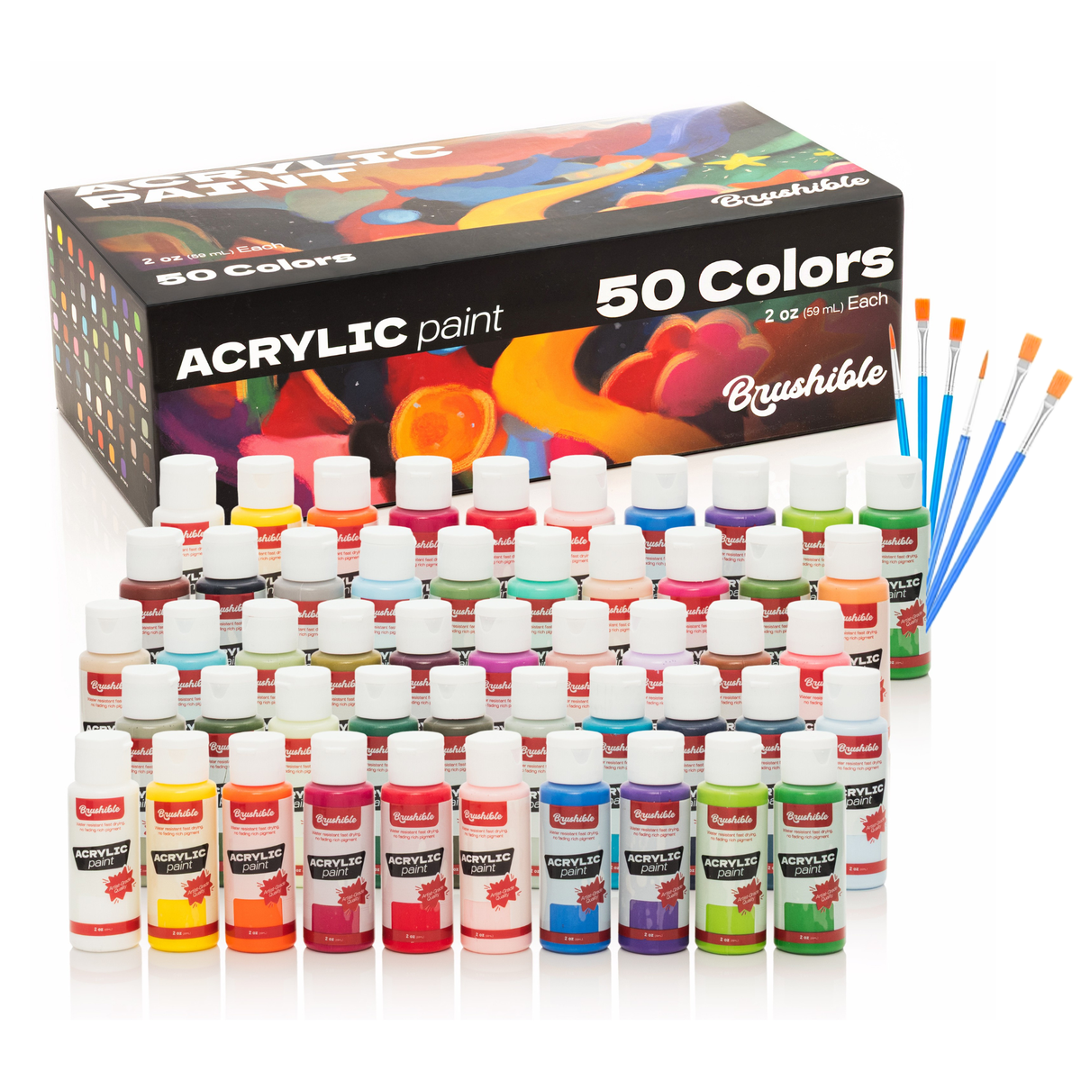 Brushible acrylic paint set, 50 colors in 2 oz bottles, shown with the box