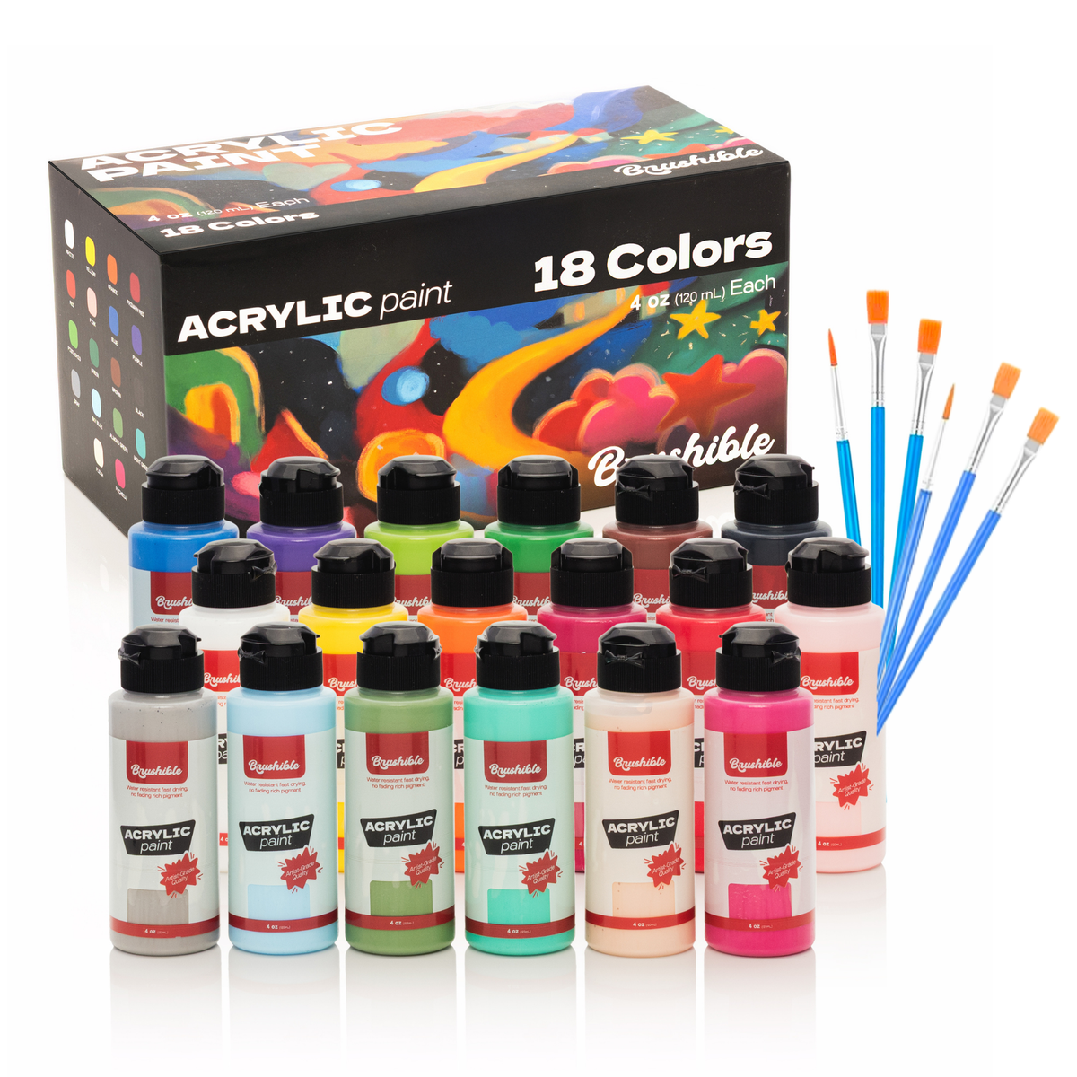 Brushible acrylic paint set, 18 colors in 4 oz bottles, shown with the box