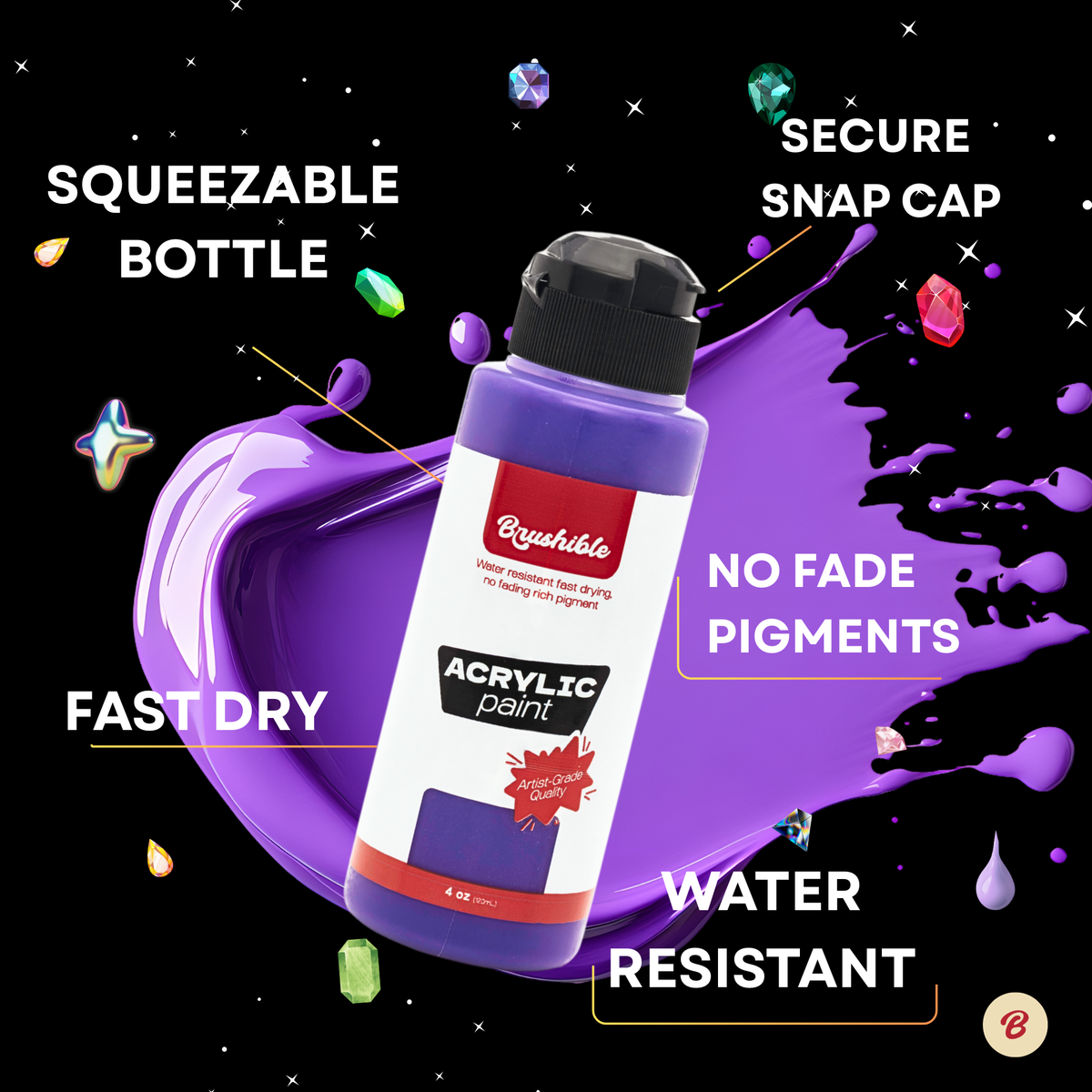 Squeezable Brushible acrylic paint bottle with a secure snap cap