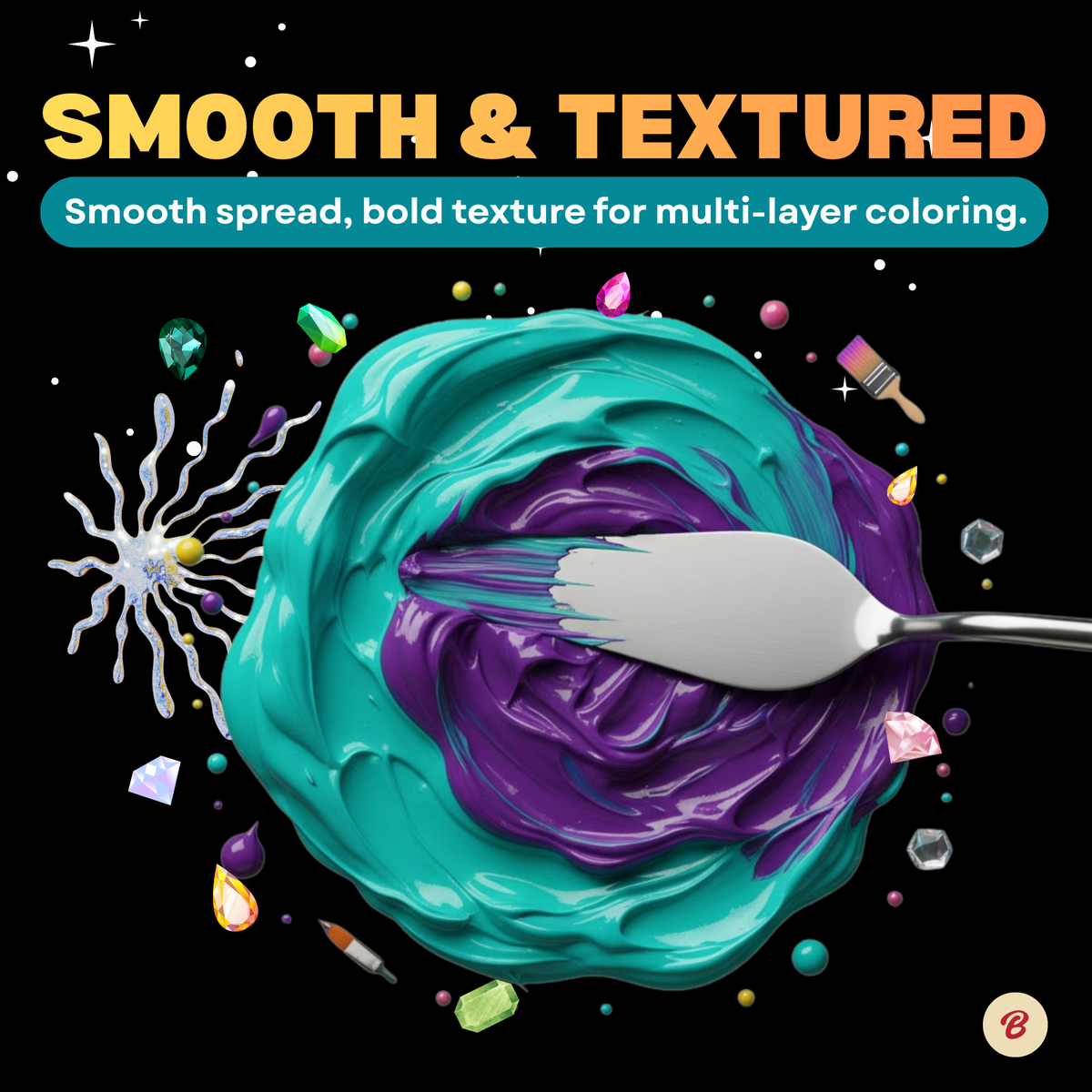Thick teal and purple acrylic paint being mixed with a palette knife