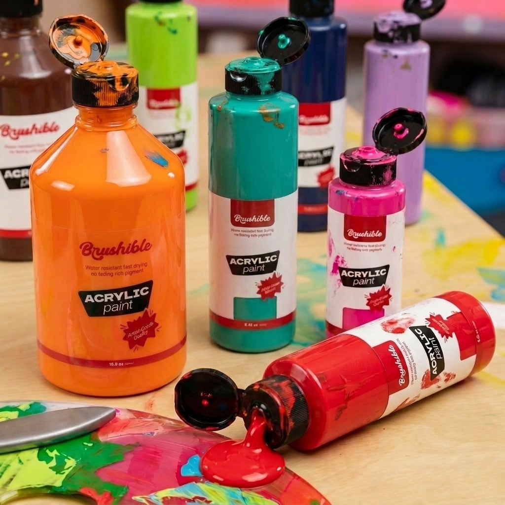 Brushible Everyday acrylic — opened Brushible bottles on a studio table