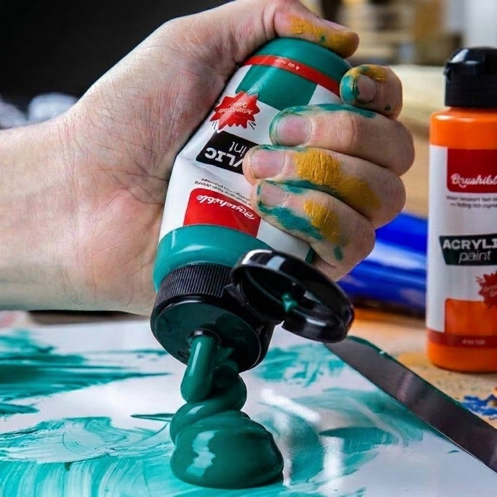 Brushible Everyday acrylic — squeezing teal paint onto a canvas