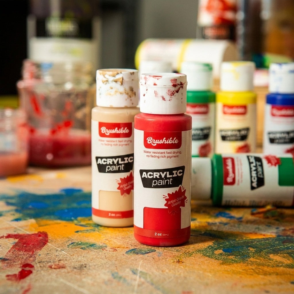 Brushible Artist Soft Body acrylic — two bottles on a studio bench