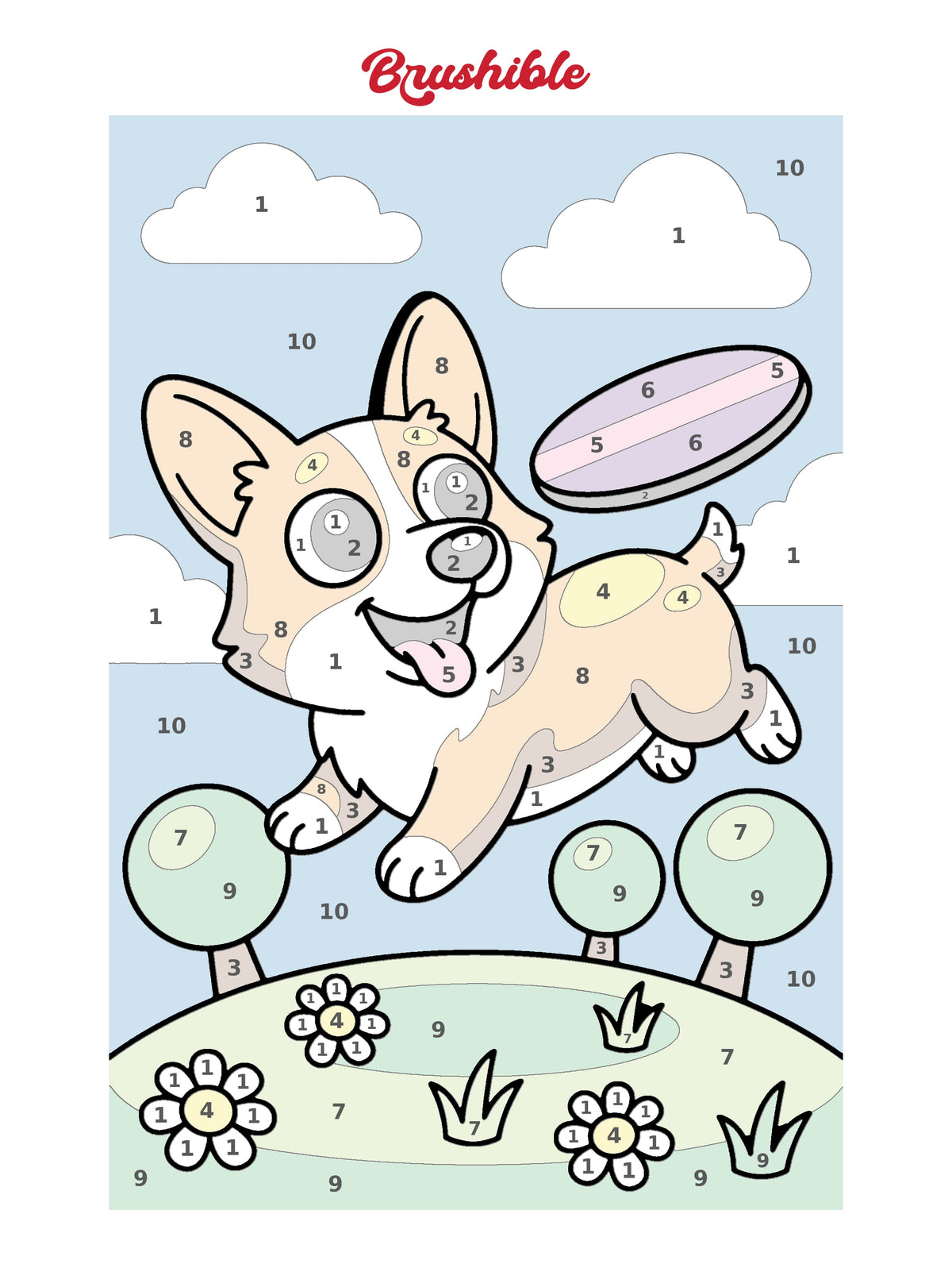 Corgi Catch printed paint by numbers sheet with Brushible logo, numbered shapes lightly tinted